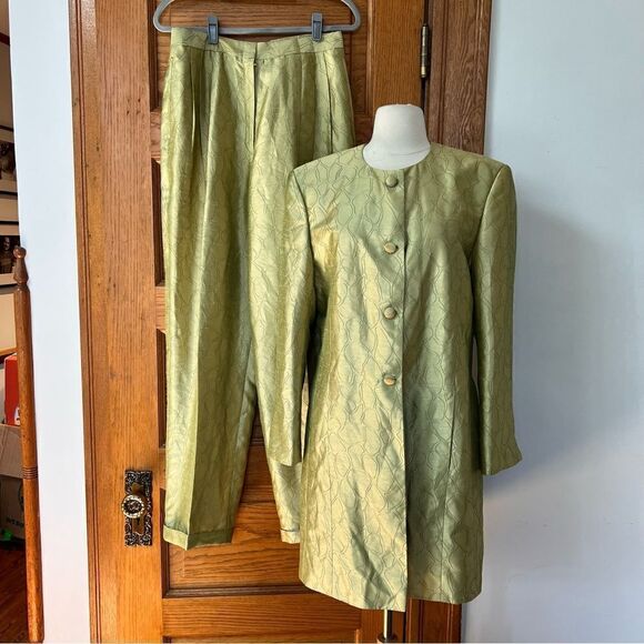 Vintage Mod Handmade One of a Kind Key Lime Sateen 2 Piece Pants Overcoat Set - Picture 13 of 15
